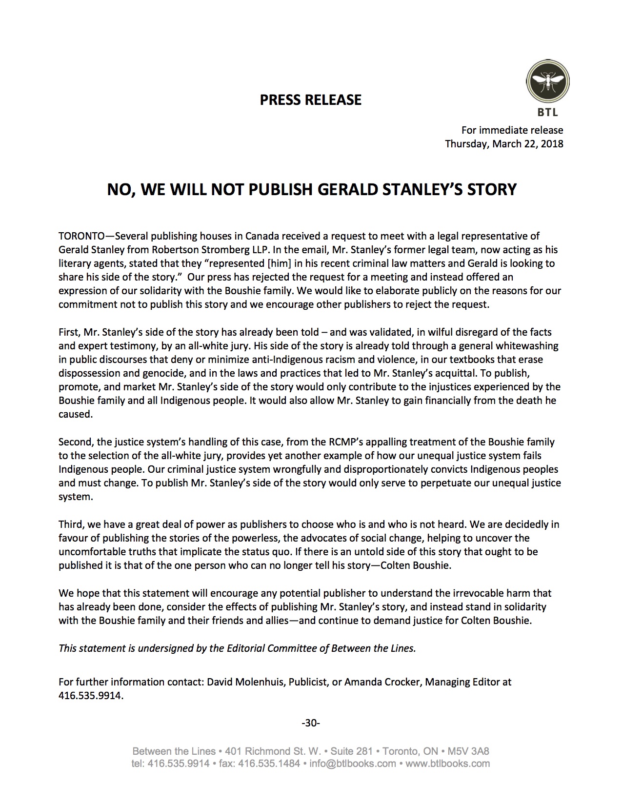 2018.03.22-Press Release-No We Will Not Publish Gerald Stanley's Story